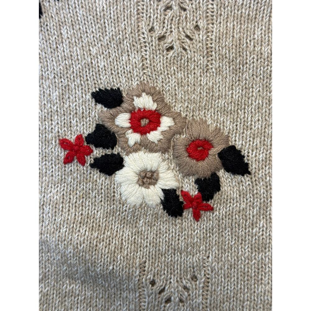 Vtg Alfred Dunner Embroidered Sweater Womens Med Floral Short Sleeve Knit Tan - Picture 2 of 8